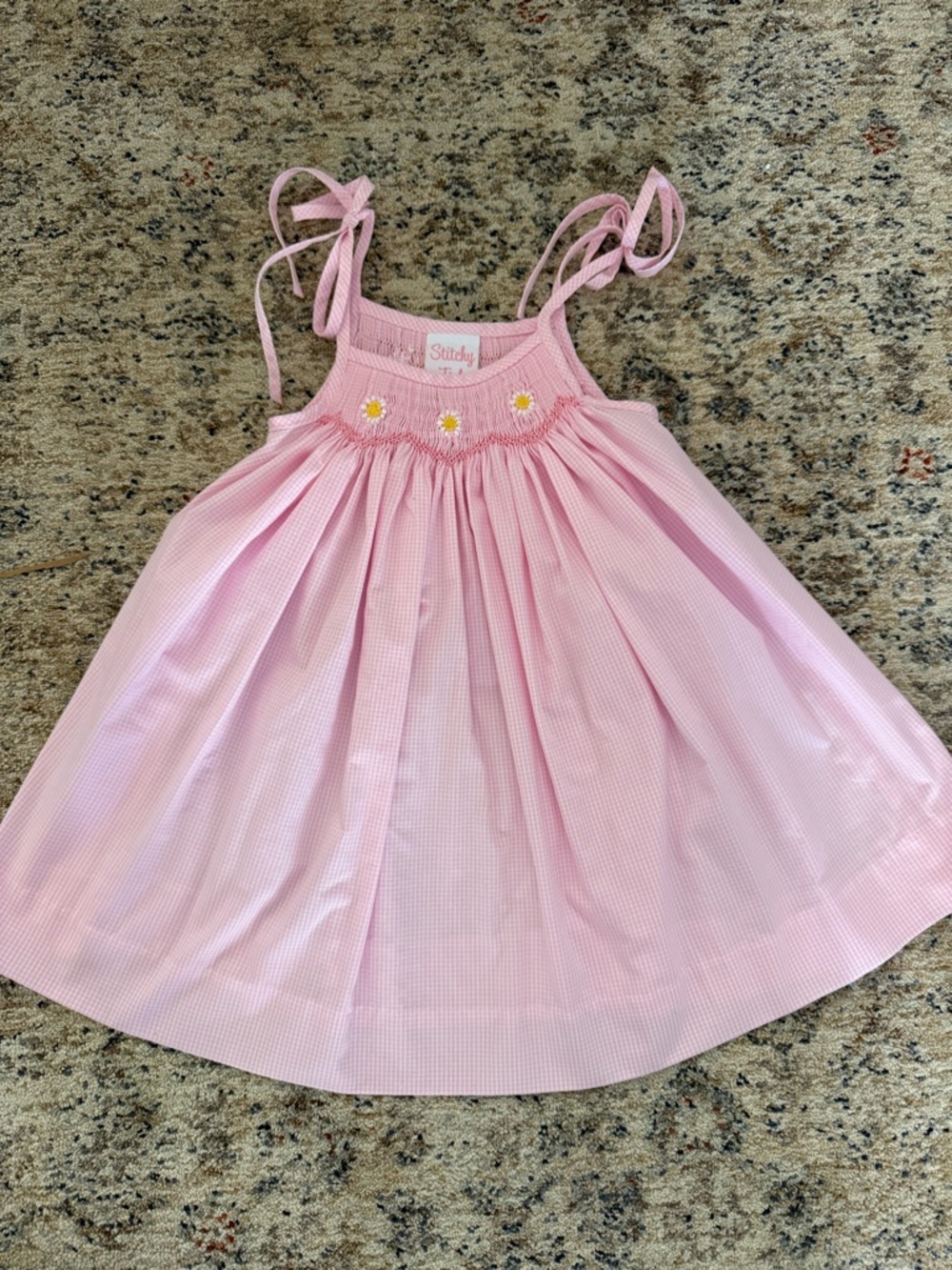 Stitchy Fish Smocked Pink Sundress with Daisy Embroidery- Size 2T